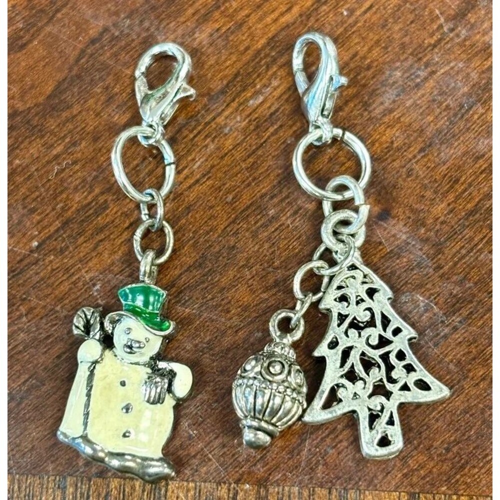 Vintage Christmas Zipper Pulls Set of 2 Snowman Tree & Ornament Charms